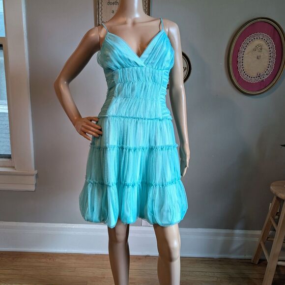 Vintage Y2K Gunne Sax Mini Dress Blue Mesh Fairycore Bubble Hem Prom Balletcore - Picture 1 of 13